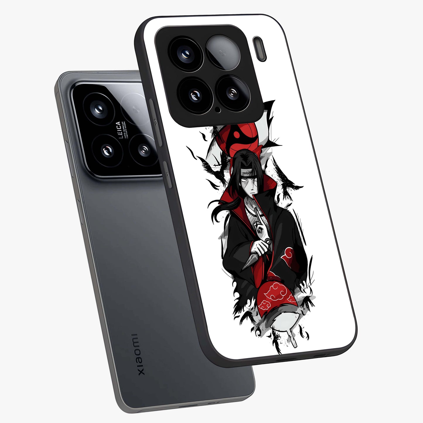 Itachi Limited Edition Naruto Anime Glass Case displayed in angled mockup highlighting dramatic anime illustration with bold action aesthetic.