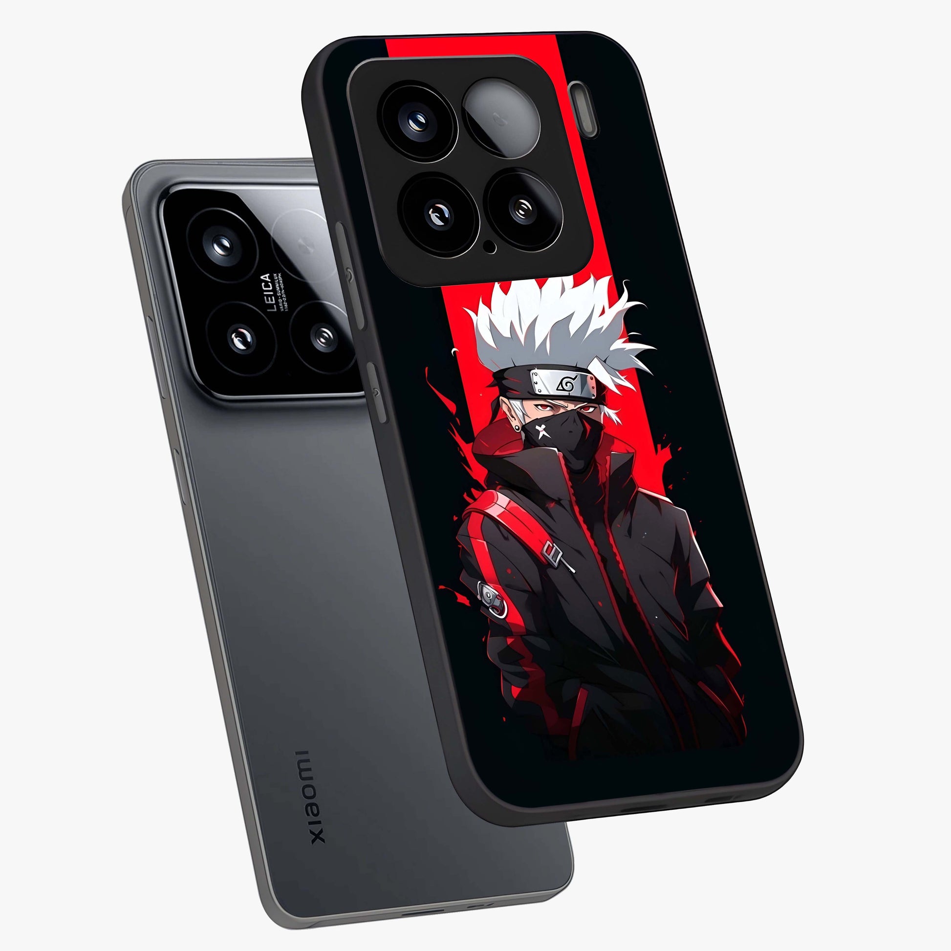 Kakashi Scarlet Shadow Glass Case displayed in angled mockup highlighting dramatic ninja illustration with scarlet themed aesthetic.