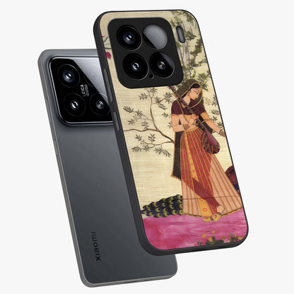 Lady With Veena Art Glass Case displayed in angled mockup highlighting graceful musical illustration with cultural artistic aesthetic.