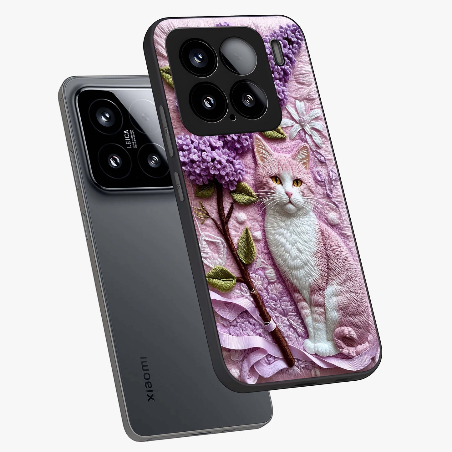 Lavender Cat Whimsy Glass Case displayed in angled mockup highlighting playful feline illustration with pastel lavender aesthetic.