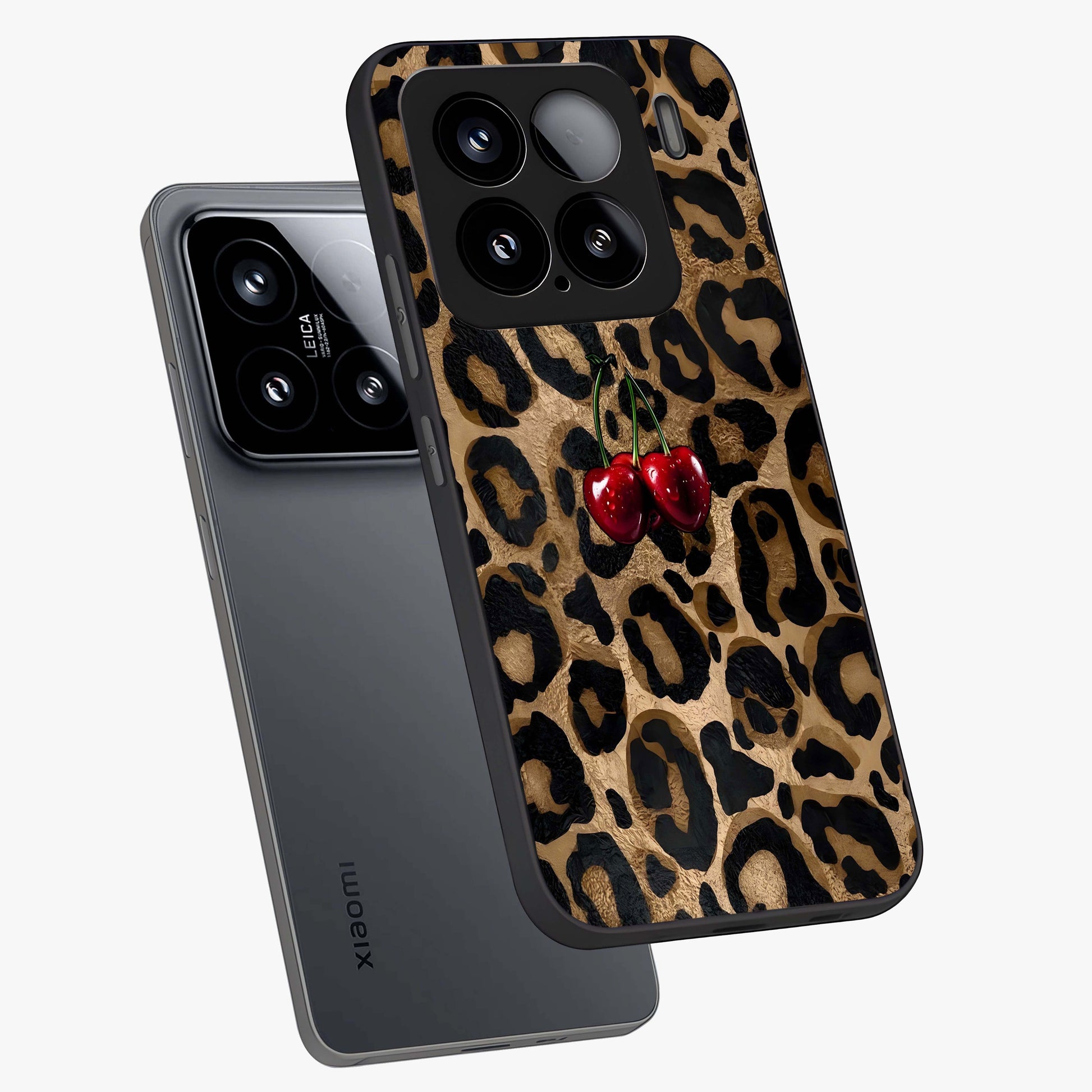 Leopard Wild Cherry Glass Case displayed in angled mockup highlighting bold animal print design with playful cherry aesthetic.