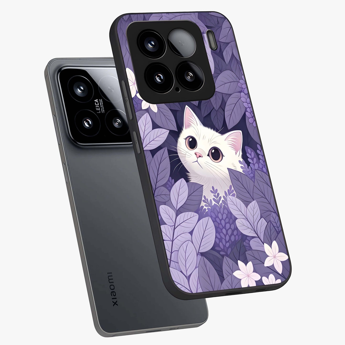 Lilac Hide Peek Cat Glass Case displayed in angled mockup highlighting playful feline illustration with lilac aesthetic design.