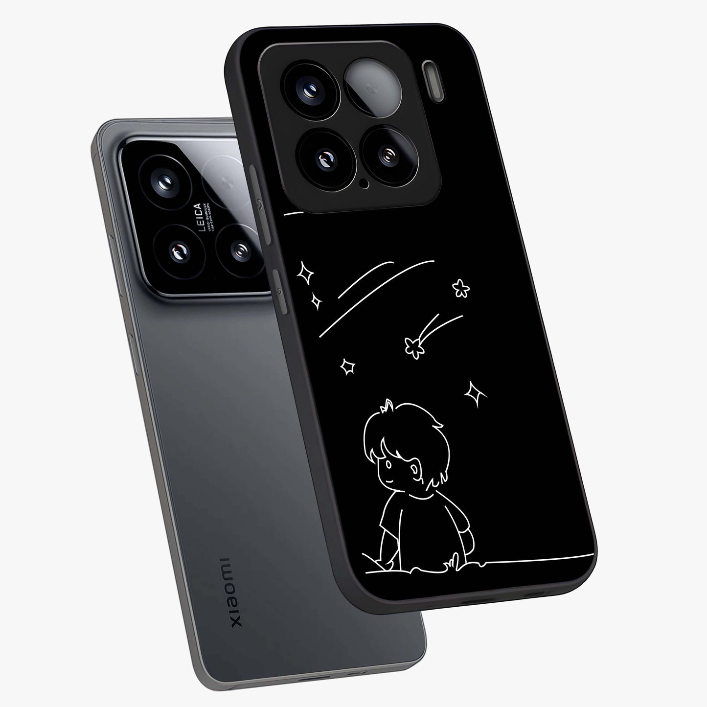Line Art Boy With Shooting Stars Glass Case displayed in angled mockup highlighting elegant line art design with dreamy star aesthetic.