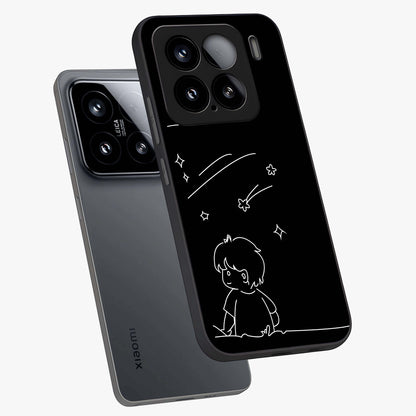 Line Art Boy With Shooting Stars Glass Case displayed in angled mockup highlighting elegant line art design with dreamy star aesthetic.