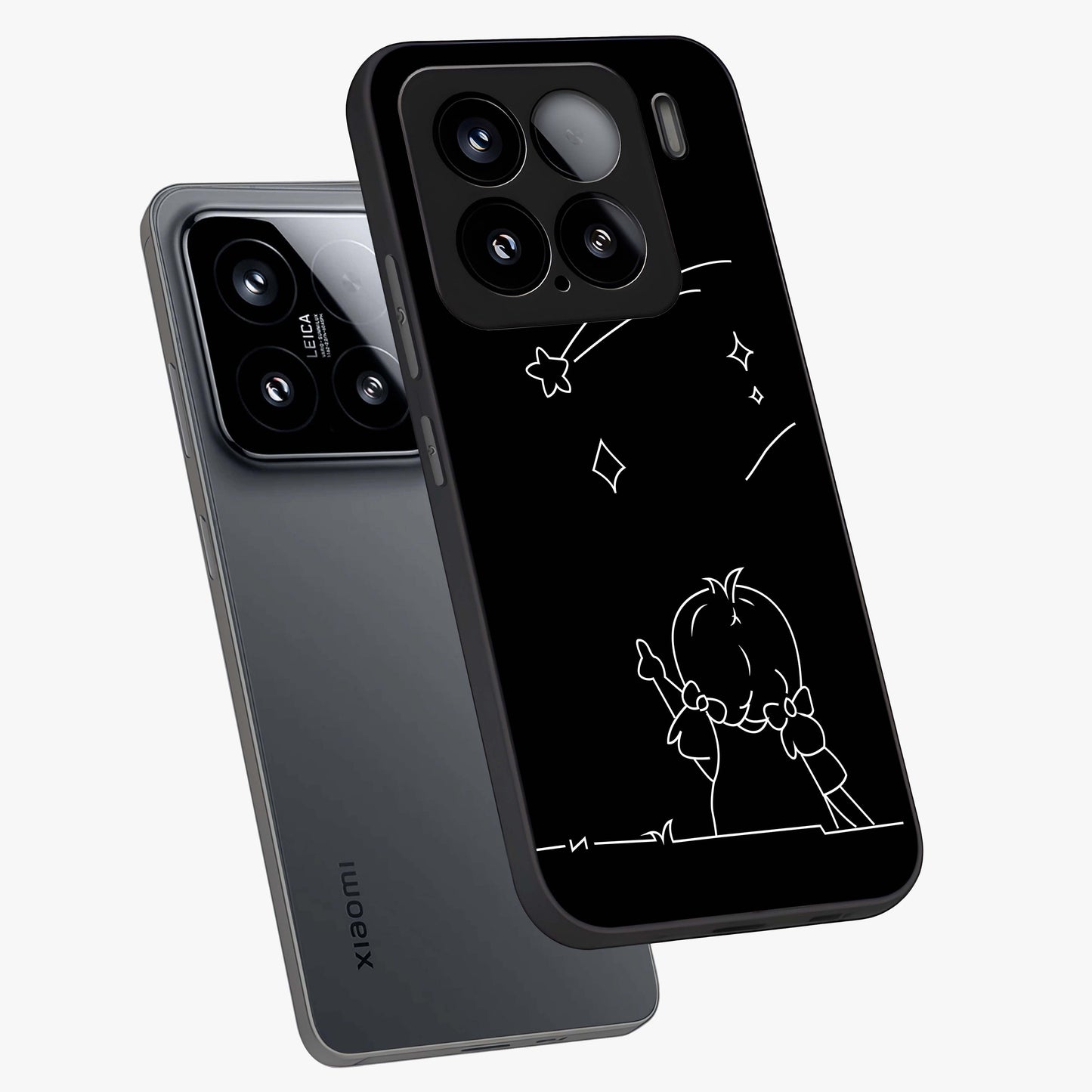 Line Art Girl With Shooting Stars Glass Case displayed in angled mockup highlighting elegant line art design with dreamy star aesthetic.