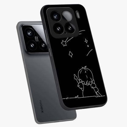 Line Art Girl With Shooting Stars Glass Case displayed in angled mockup highlighting elegant line art design with dreamy star aesthetic.