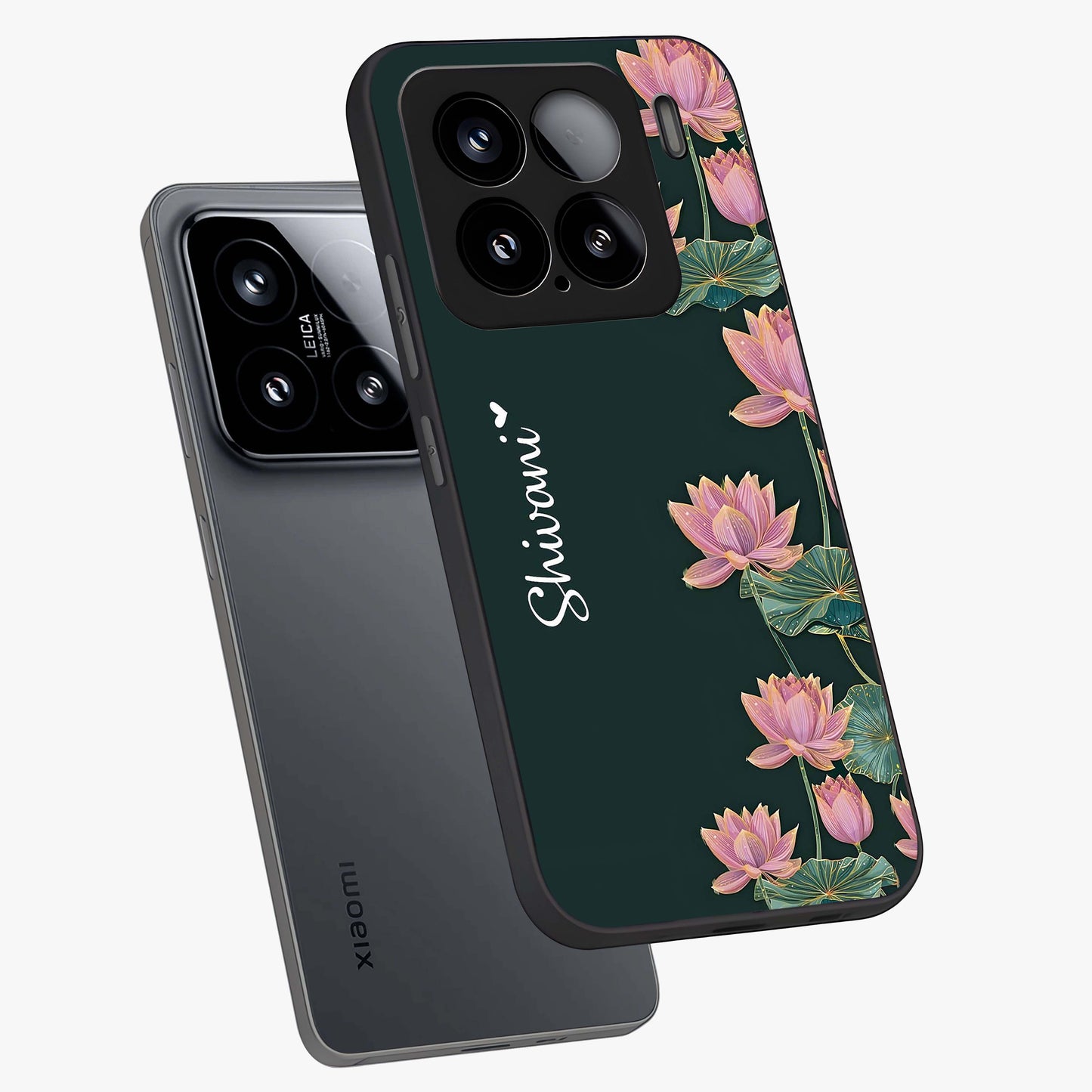 Lotus Bloom Serenity Custom Name Glass Case displayed in angled mockup highlighting graceful lotus illustration with custom name feature.