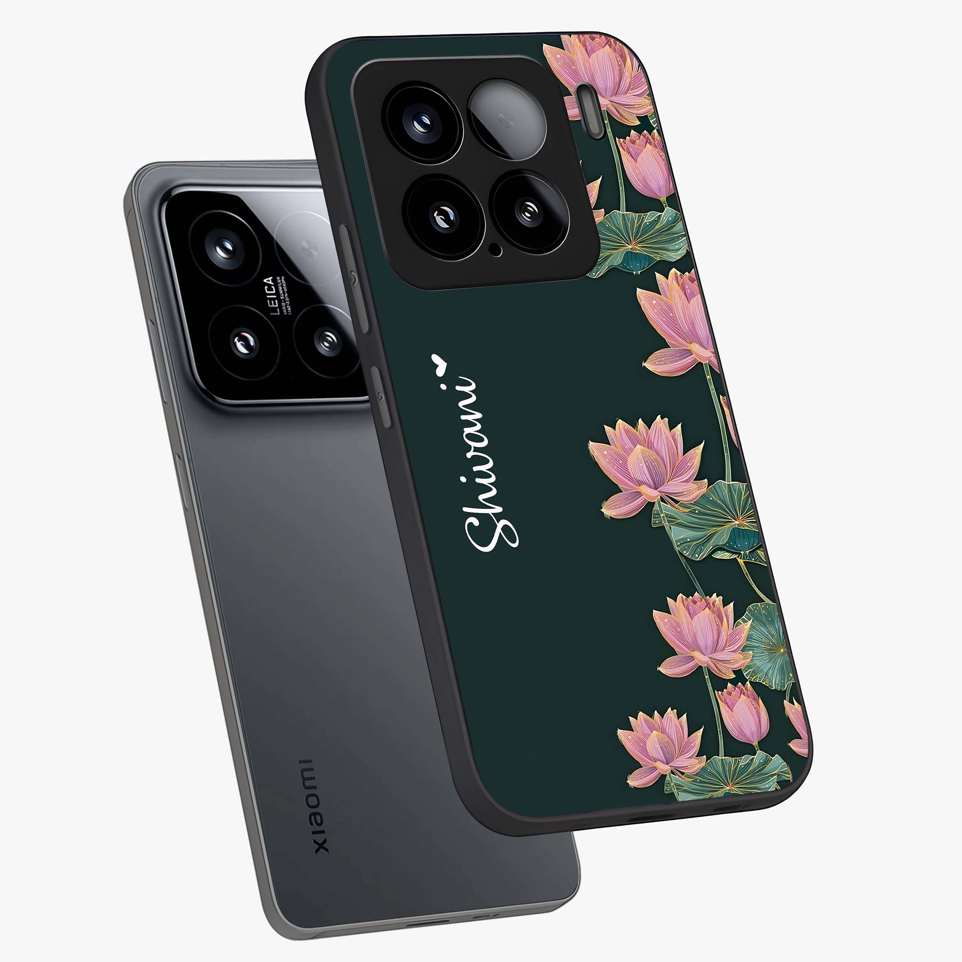 Lotus Bloom Serenity Custom Name Glass Case displayed in angled mockup highlighting graceful lotus illustration with custom name feature.