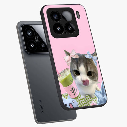 Love Matcha Cat Glass Case displayed in angled mockup highlighting playful feline illustration with cozy matcha aesthetic.