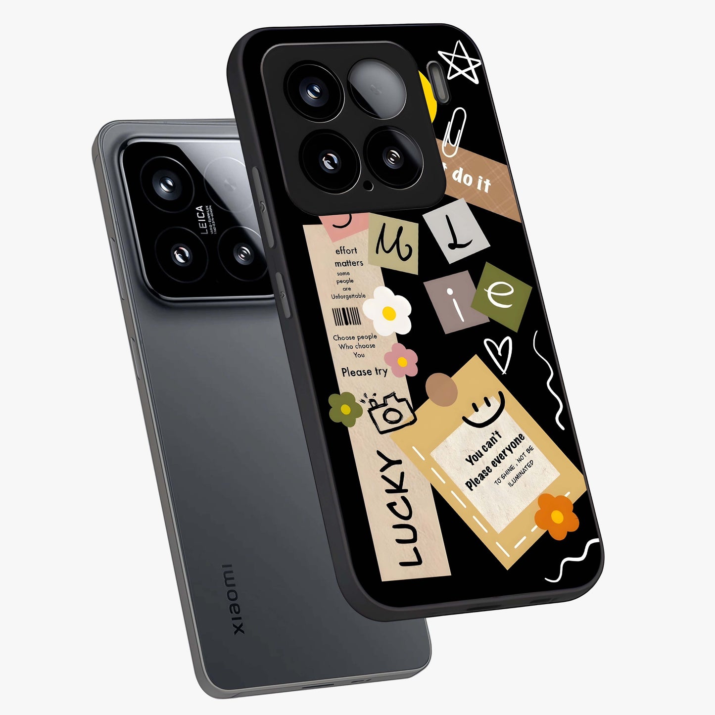 Lucky Aesthetic Collage Glass Case displayed in angled mockup highlighting stylish collage pattern with modern aesthetic vibe.
