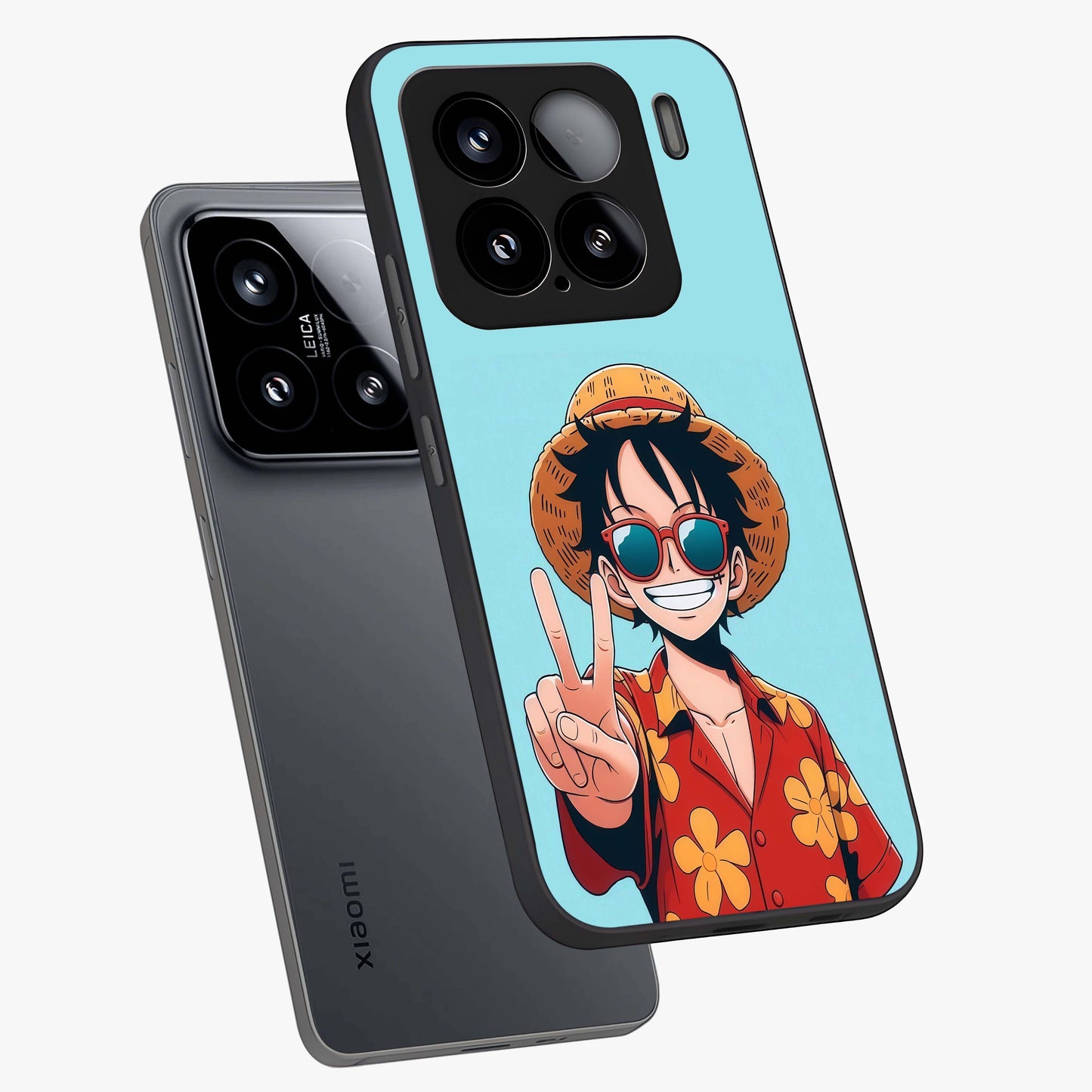 Luffy Summer Anime Vibe Glass Case displayed in angled mockup highlighting energetic anime illustration with summer vibe aesthetic.