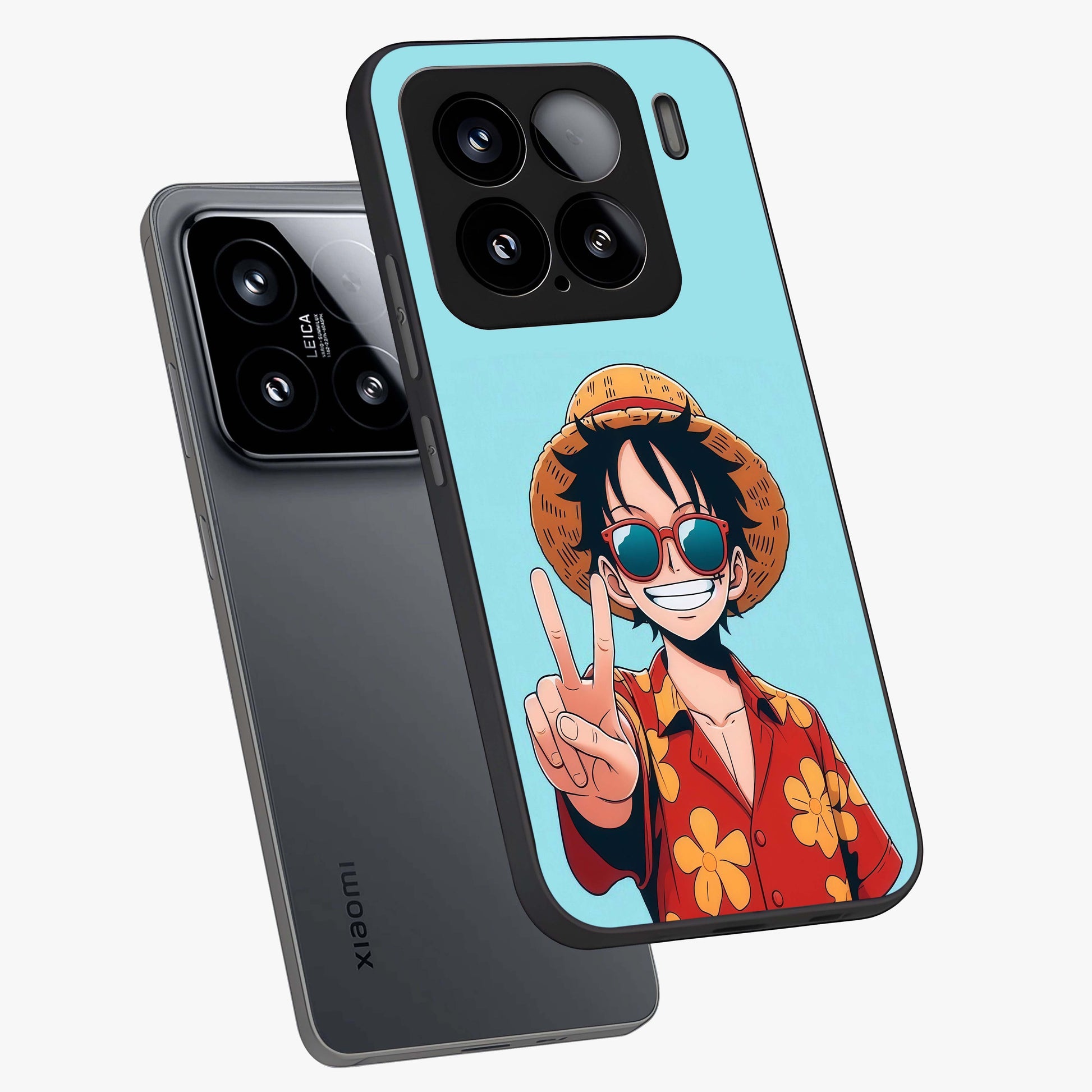 Luffy Summer Anime Vibe Glass Case displayed in angled mockup highlighting energetic anime illustration with summer vibe aesthetic.