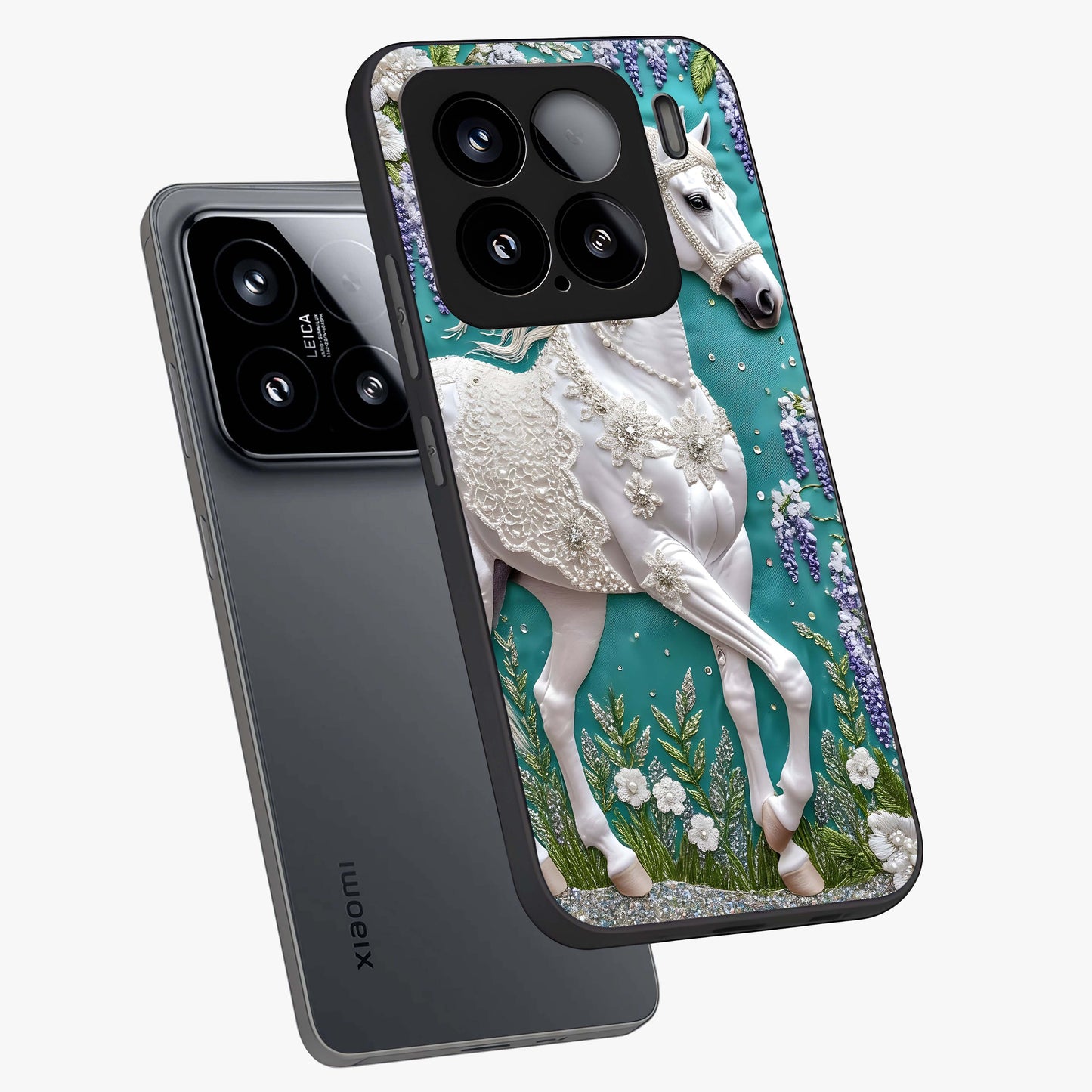 Majestic Floral Stallion Glass Case displayed in angled mockup highlighting majestic stallion illustration with elegant floral aesthetic.