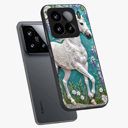Majestic Floral Stallion Glass Case displayed in angled mockup highlighting majestic stallion illustration with elegant floral aesthetic.