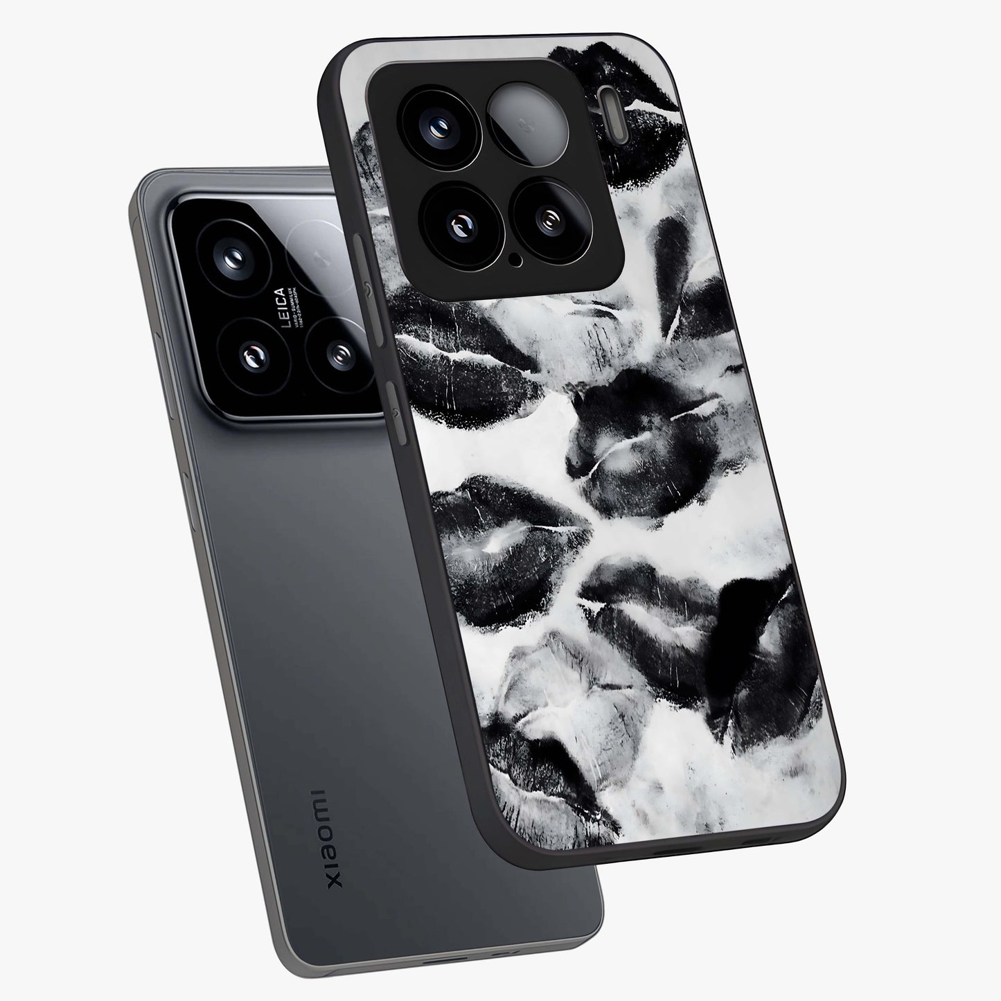 Midnight Kiss Marks Glass Case displayed in angled mockup highlighting playful romantic design with bold midnight aesthetic.