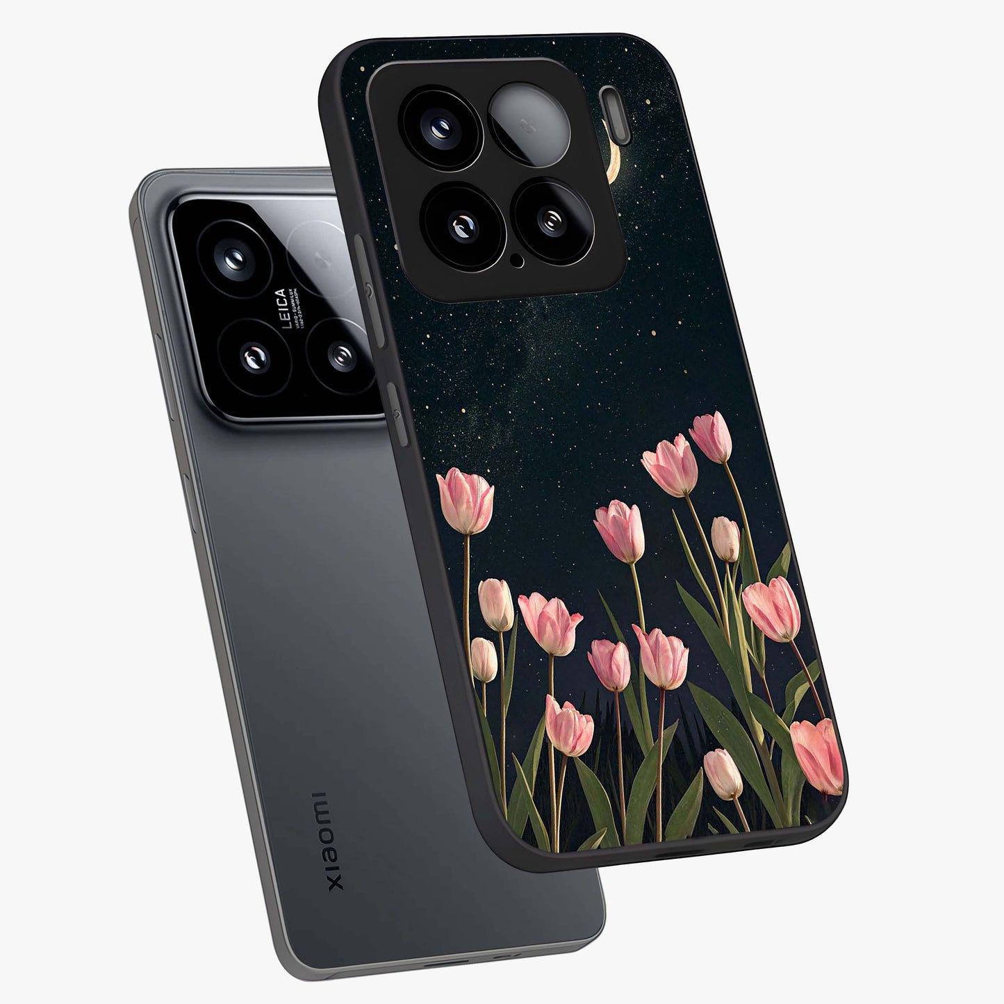 Midnight Tulip Whispers Vibe Glass Case displayed in angled mockup highlighting delicate tulip design with midnight floral aesthetic.