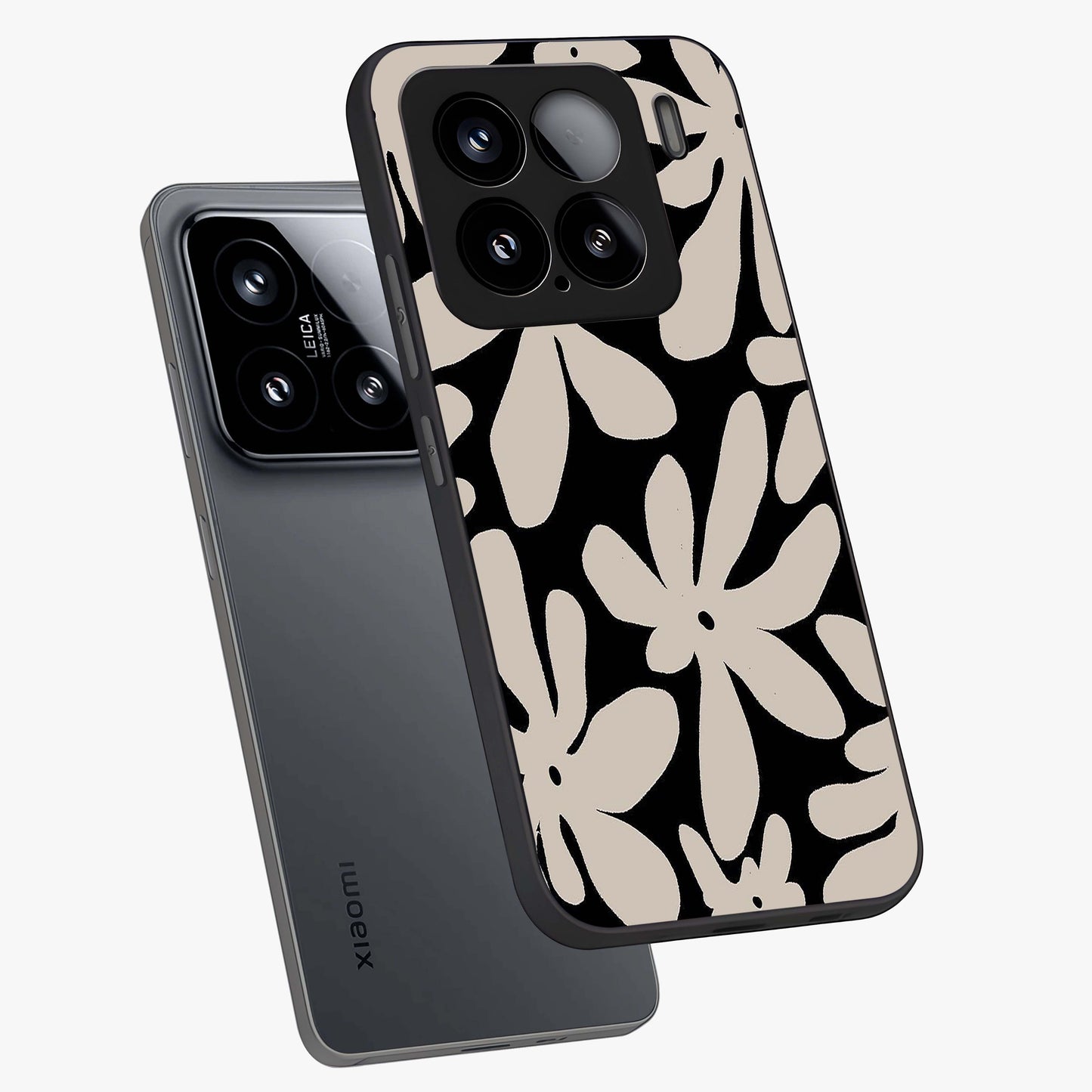 Monochrome Petal Dance Glass Case displayed in angled mockup highlighting elegant petal design with black and white aesthetic.