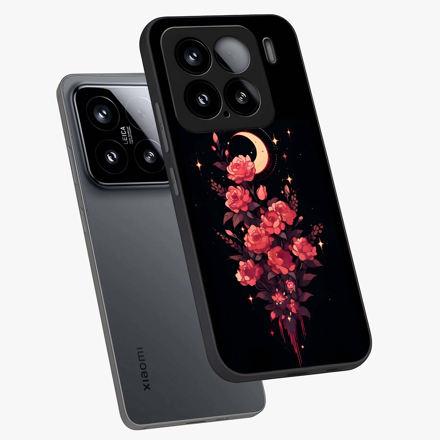 Moonlit Floral Elegance Glass Case displayed in angled mockup highlighting graceful flower design with soft moonlight aesthetic.