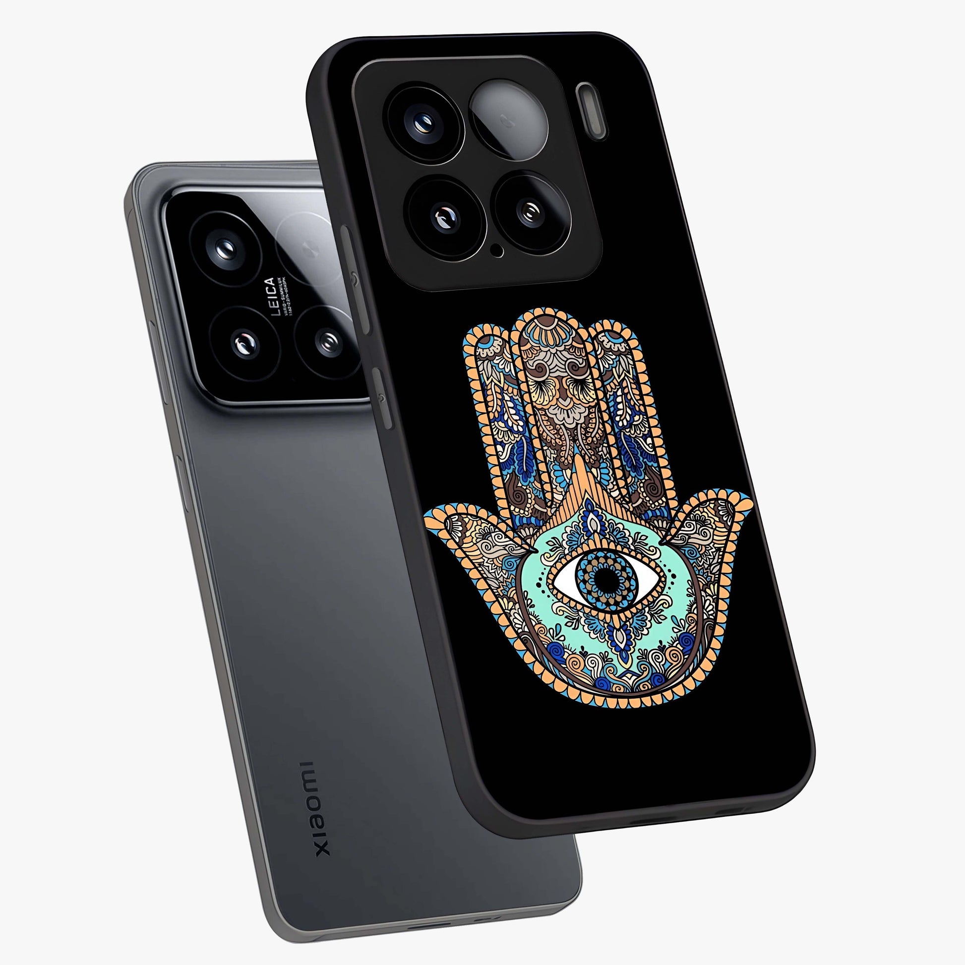 Mystic Hamsa Eye Glass Case displayed in angled mockup highlighting spiritual hamsa symbol with mystical aesthetic style.