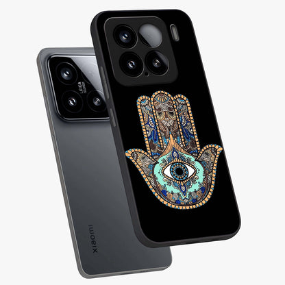 Mystic Hamsa Eye Glass Case displayed in angled mockup highlighting spiritual hamsa symbol with mystical aesthetic style.