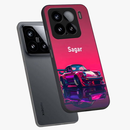 Neon Pink Porsche Glass Case displayed in angled mockup highlighting sleek neon pink car design with racing aesthetic.