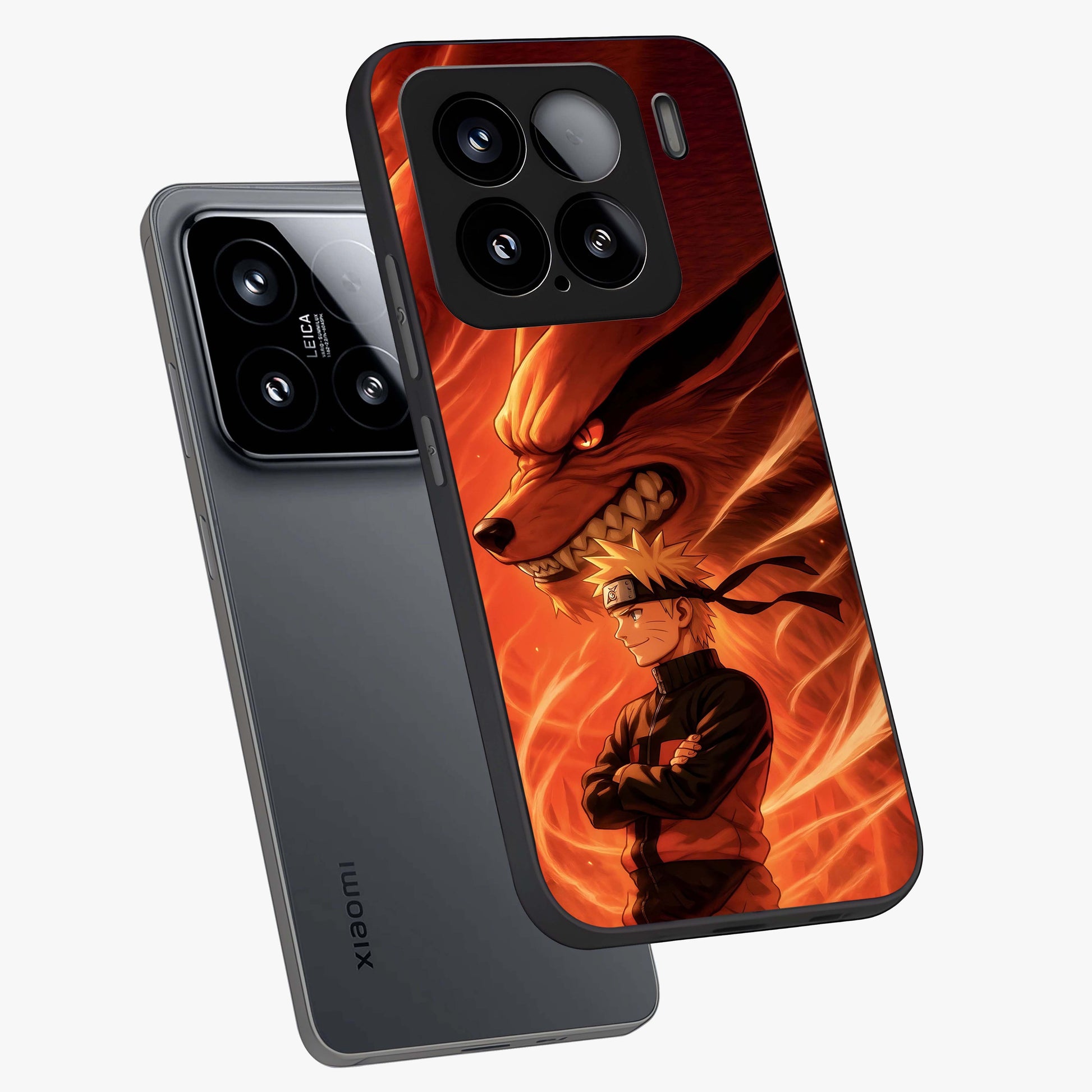 Nine Tails Legacy Glass Case displayed in angled mockup highlighting dynamic anime beast illustration with bold mystical aesthetic.