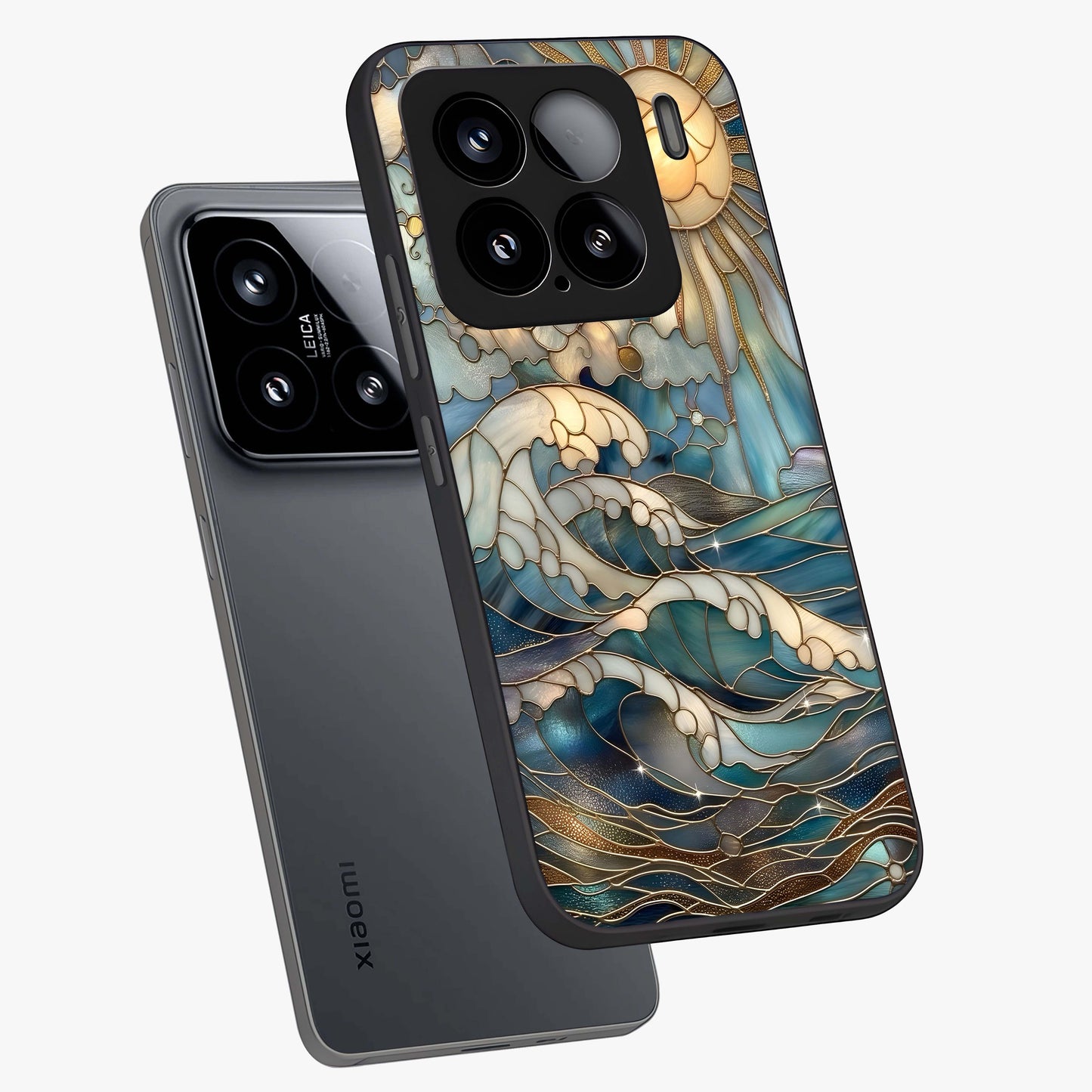 Oceanic Stained Printed Glass Case displayed in angled mockup highlighting colorful aquatic design with artistic aesthetic style.