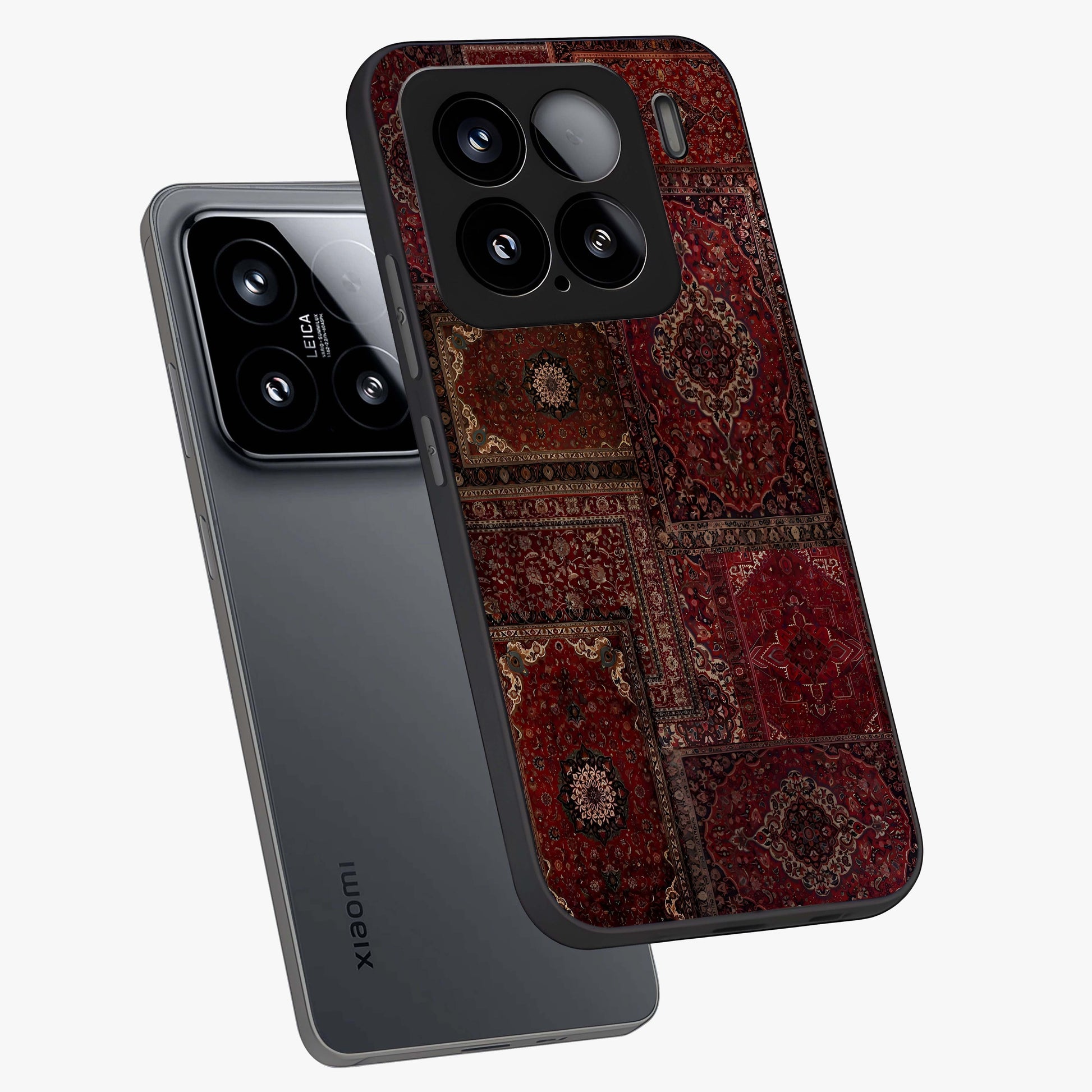 Persian Velvet Tale Glass Case displayed in angled mockup highlighting ornate textile inspired design with royal aesthetic.