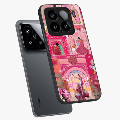 Pink Palace Muse Glass Case displayed in angled mockup highlighting dreamy palace illustration with soft pink aesthetic.