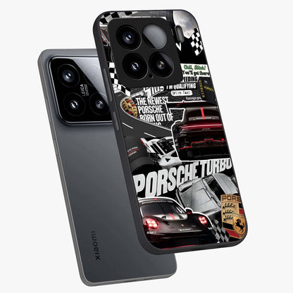 Porsche Racing Collage Glass Case displayed in angled mockup highlighting dynamic automotive design with bold racing aesthetic.