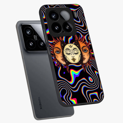 Psychedelic Sun Glass Case displayed in angled mockup highlighting vibrant abstract sun design with artistic aesthetic style.