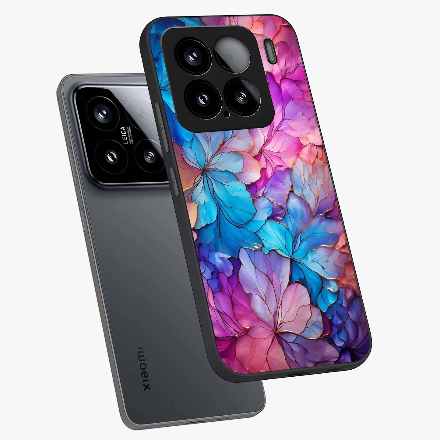 Radiant Floral Whirl Glass Case displayed in angled mockup highlighting vibrant flower pattern with dynamic artistic aesthetic.