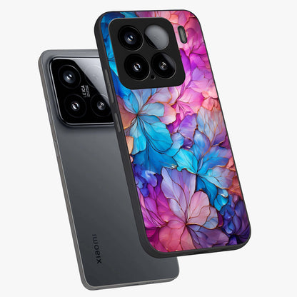 Radiant Floral Whirl Glass Case displayed in angled mockup highlighting vibrant flower pattern with dynamic artistic aesthetic.