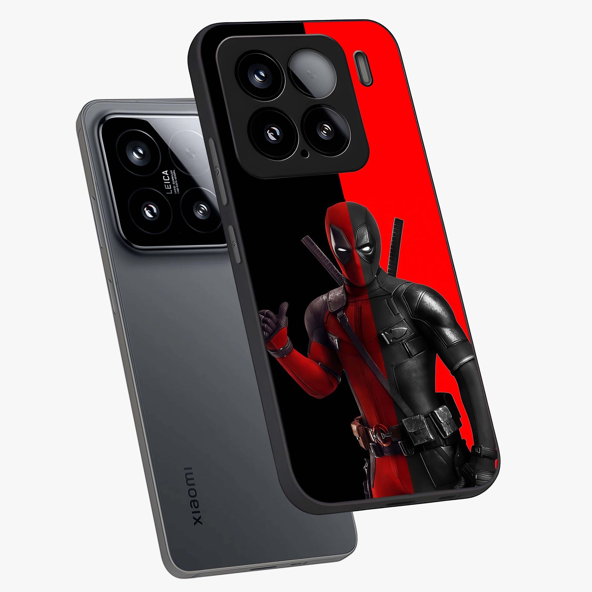 Red & Black Deadpool Theme Glass Case displayed in angled mockup highlighting vibrant superhero style illustration with action aesthetic.