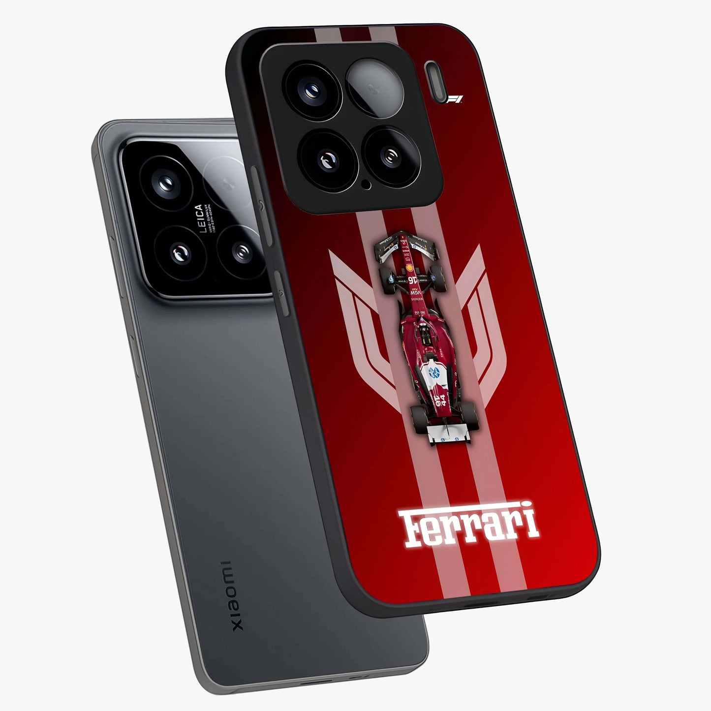Red Ferrari F1 Vertical Glass Case displayed in angled mockup highlighting high speed racing design with bold automotive aesthetic.