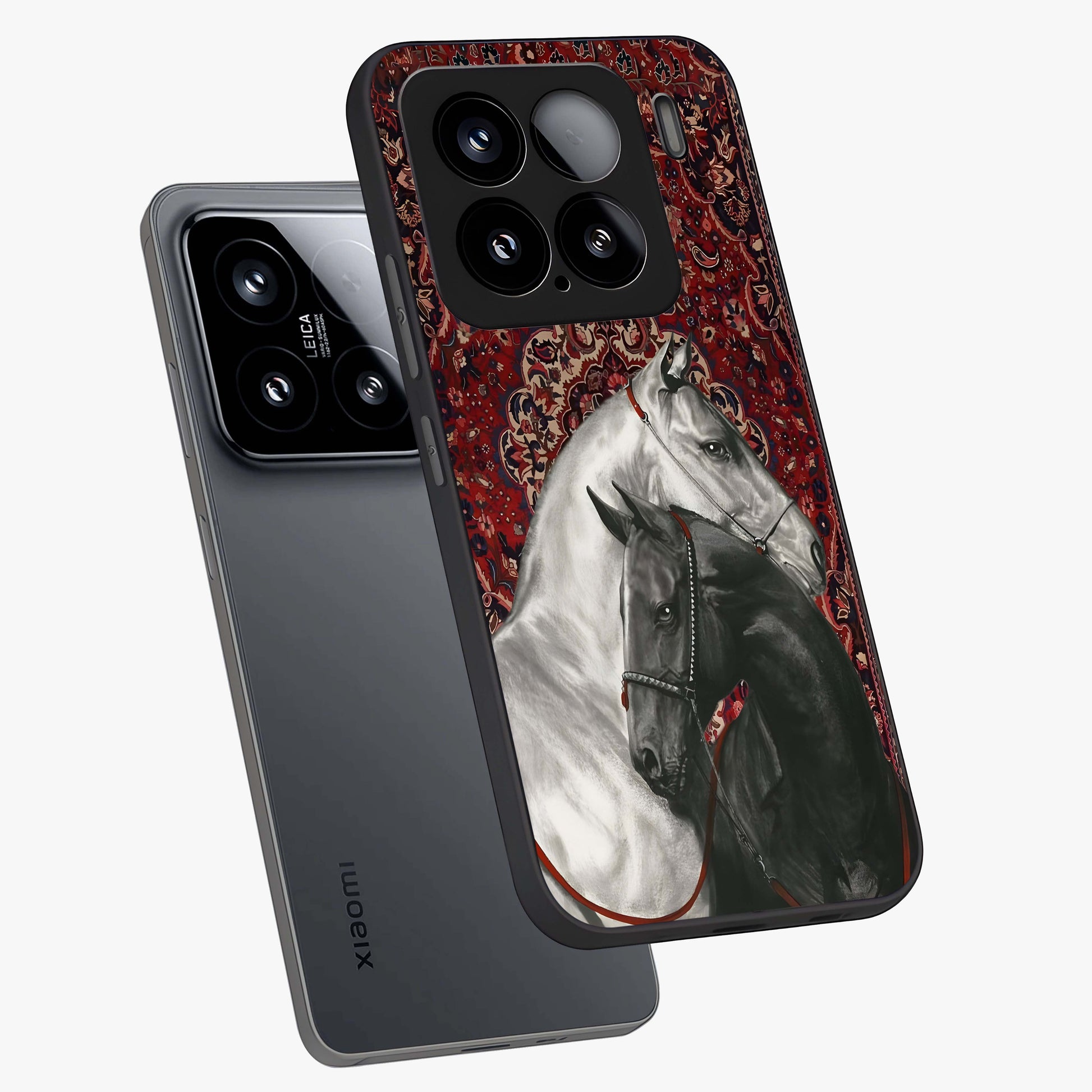 Regal Stallion Tapestry Glass Case displayed in angled mockup highlighting royal stallion design with decorative heritage aesthetic.