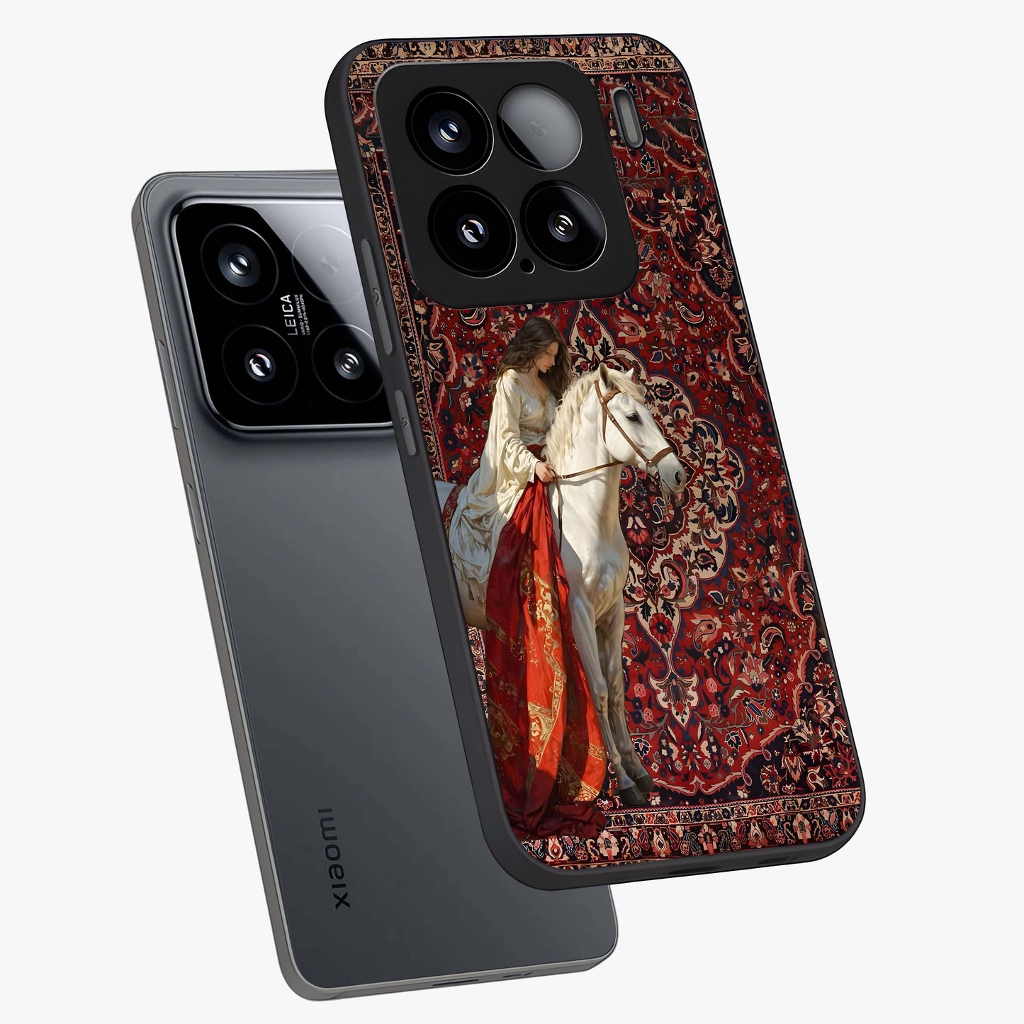 Royal Rider Tapestry Glass Case displayed in angled mockup highlighting traditional tapestry design with royal heritage aesthetic.