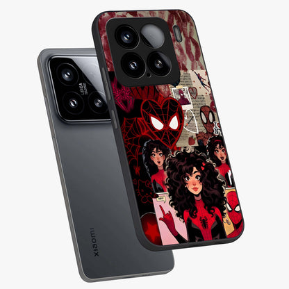 Spider Love Story Glass Case displayed in angled mockup highlighting expressive comic inspired design with playful aesthetic.