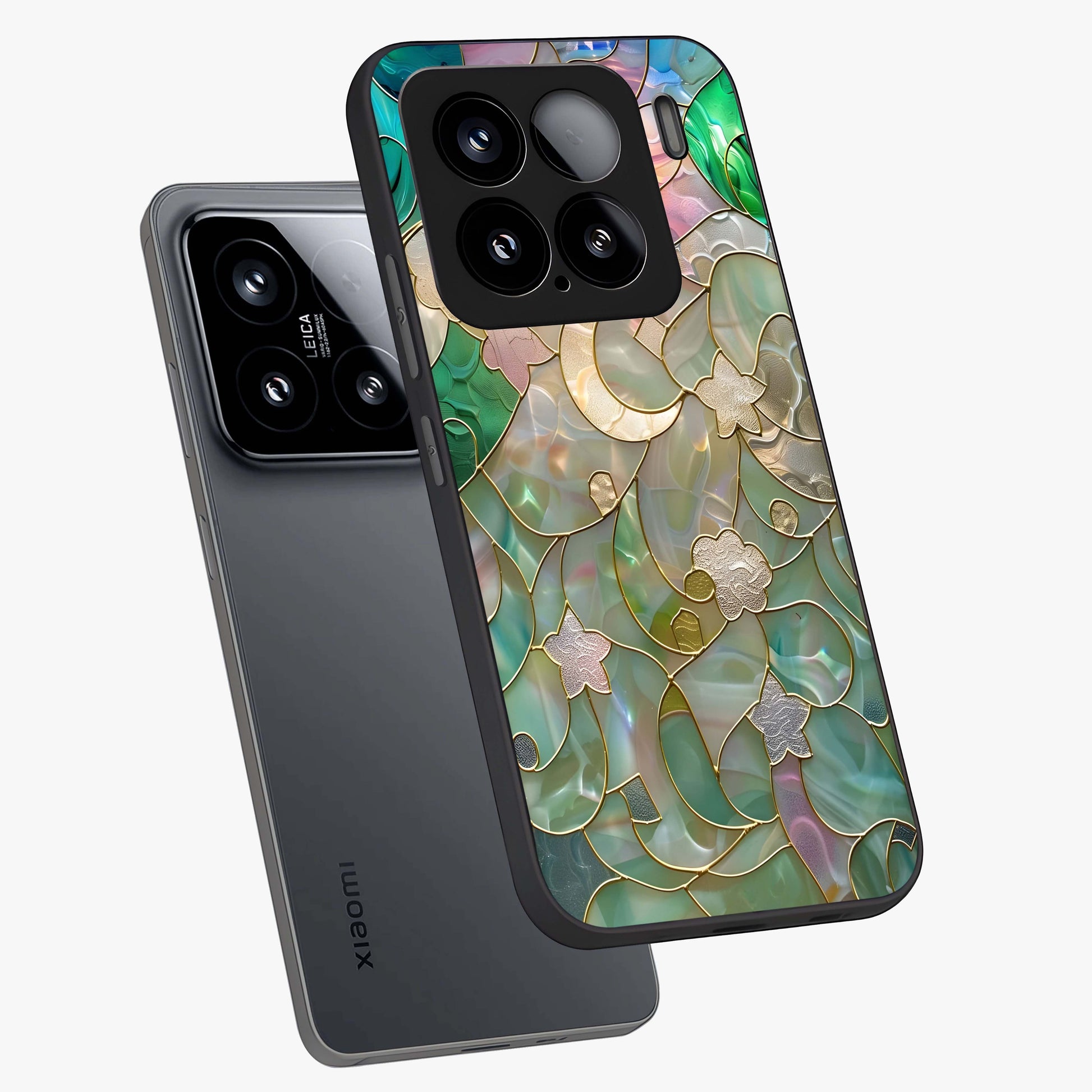 Stained Sunrise Glow Glass Case displayed in angled mockup highlighting radiant sunrise design with artistic aesthetic style.