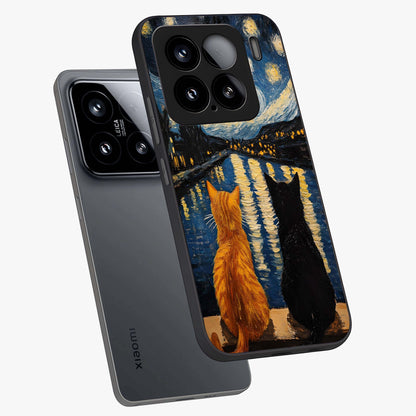 Starry River Cats Glass Case displayed in angled mockup highlighting charming feline illustration with dreamy night aesthetic.