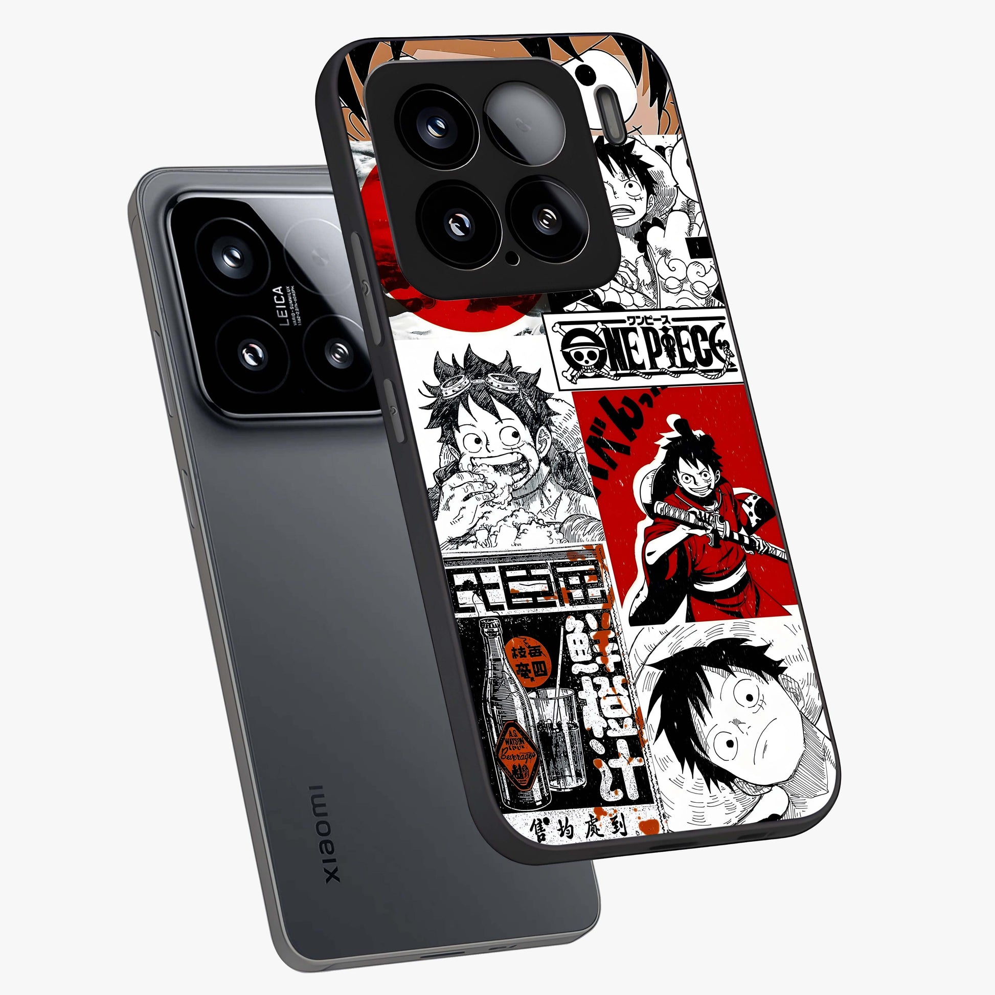 Strawhat Chaos Panels Glass Case displayed in angled mockup highlighting vibrant anime collage design with action aesthetic.