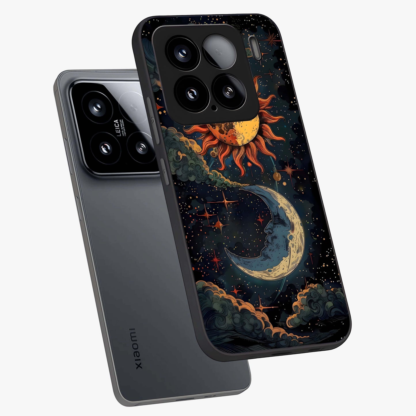 Sun And Moon Magic Design Glass Case displayed in angled mockup highlighting celestial design with magical cosmic aesthetic.