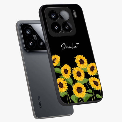 Sunflower Chic Mood Custom Name Glass Case displayed in angled mockup highlighting vibrant sunflower design with custom name feature.
