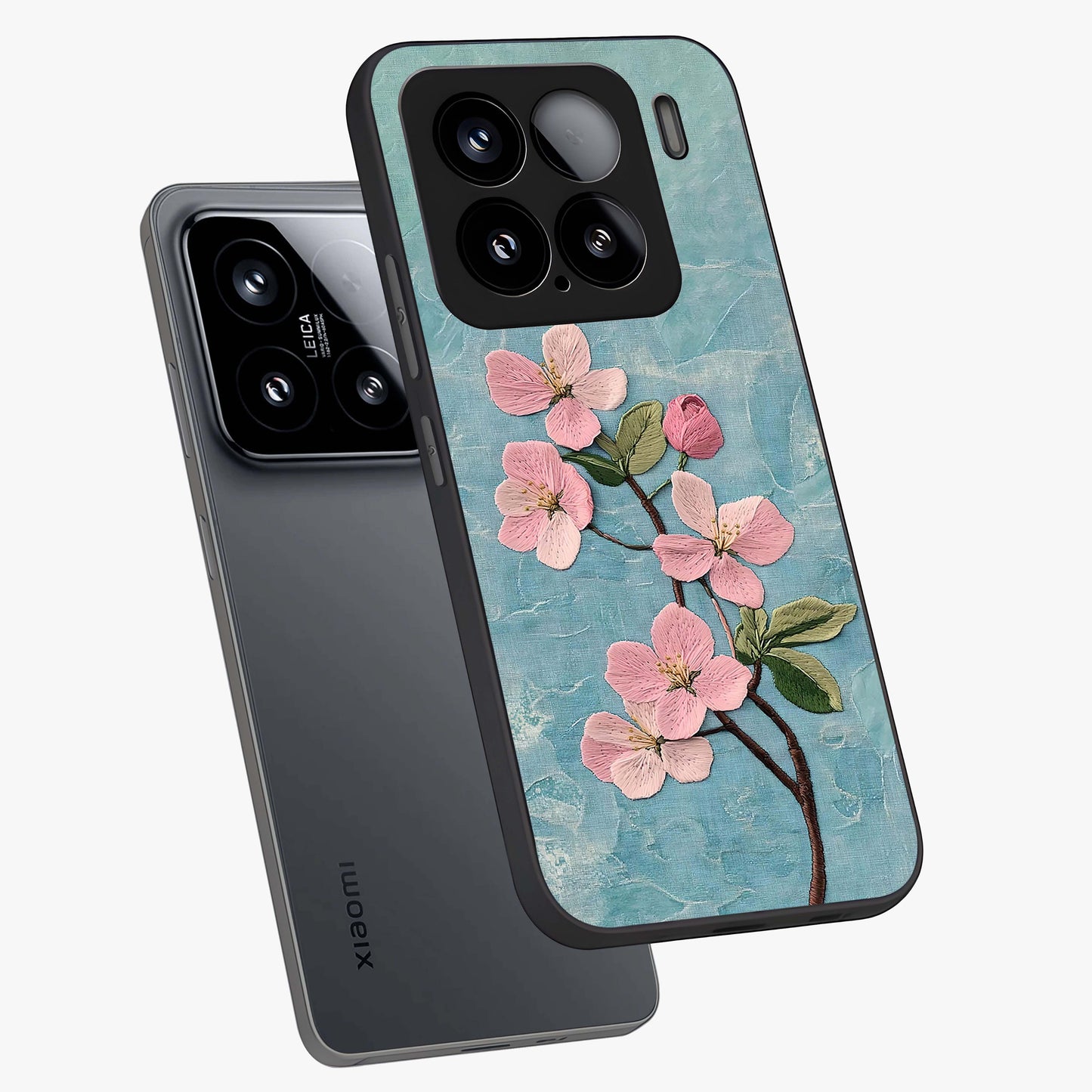 Threaded Blossom Breeze Glass Case displayed in angled mockup highlighting elegant floral design with soft aesthetic style.