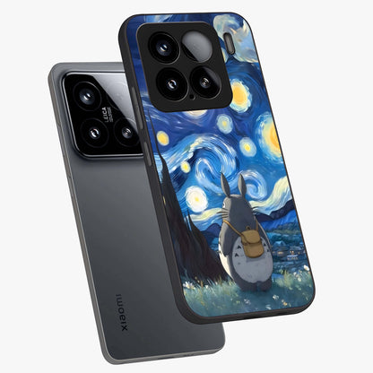 Totoro In Van Gogh Art Glass Case displayed in angled mockup highlighting artistic swirling sky design with playful animation aesthetic.