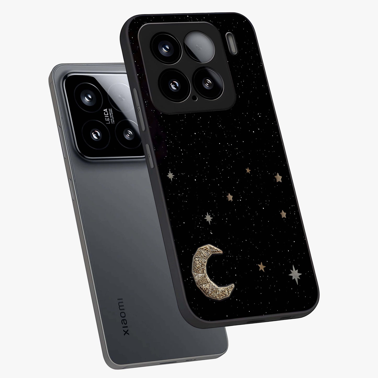 Twinkle Star With Half Moon Glass Case displayed in angled mockup highlighting celestial moon and star design with magical aesthetic.