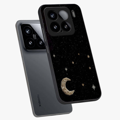 Twinkle Star With Half Moon Glass Case displayed in angled mockup highlighting celestial moon and star design with magical aesthetic.