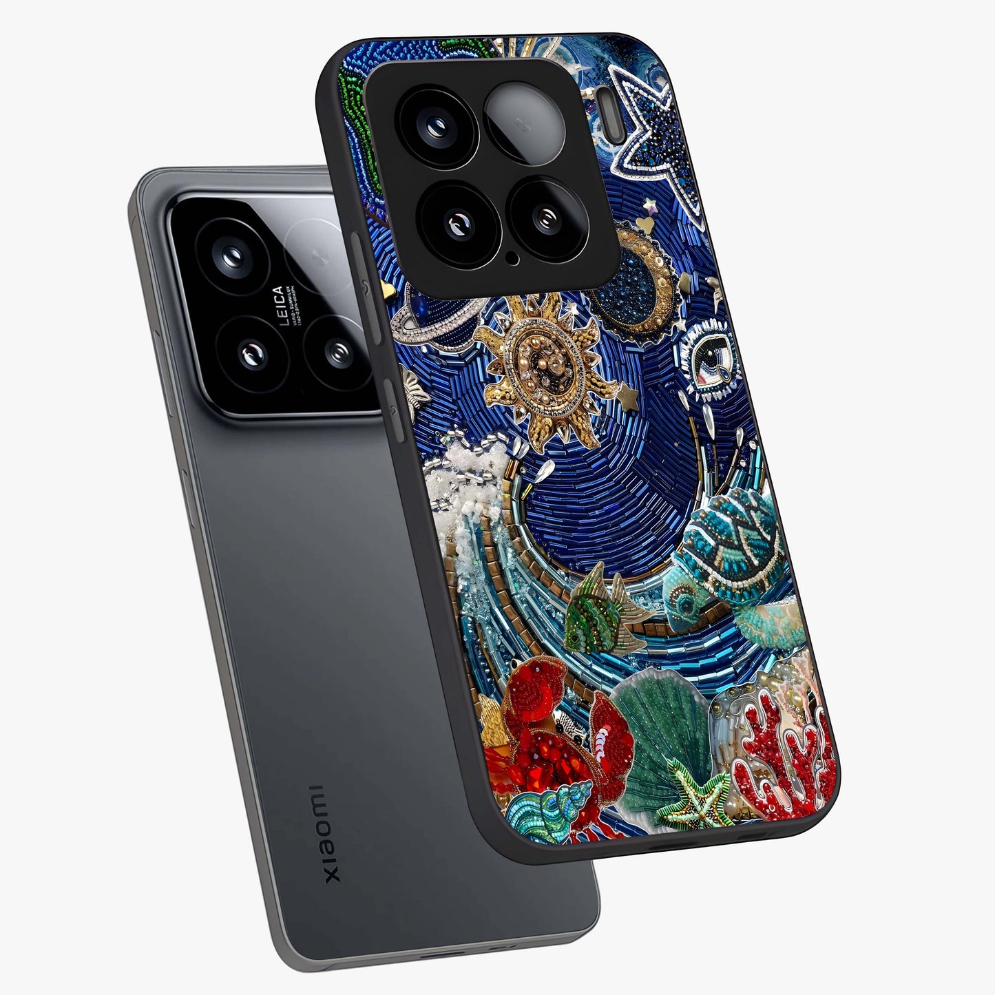 Universe Underwater Spark Glass Case displayed in angled mockup highlighting glowing aquatic design with celestial aesthetic.