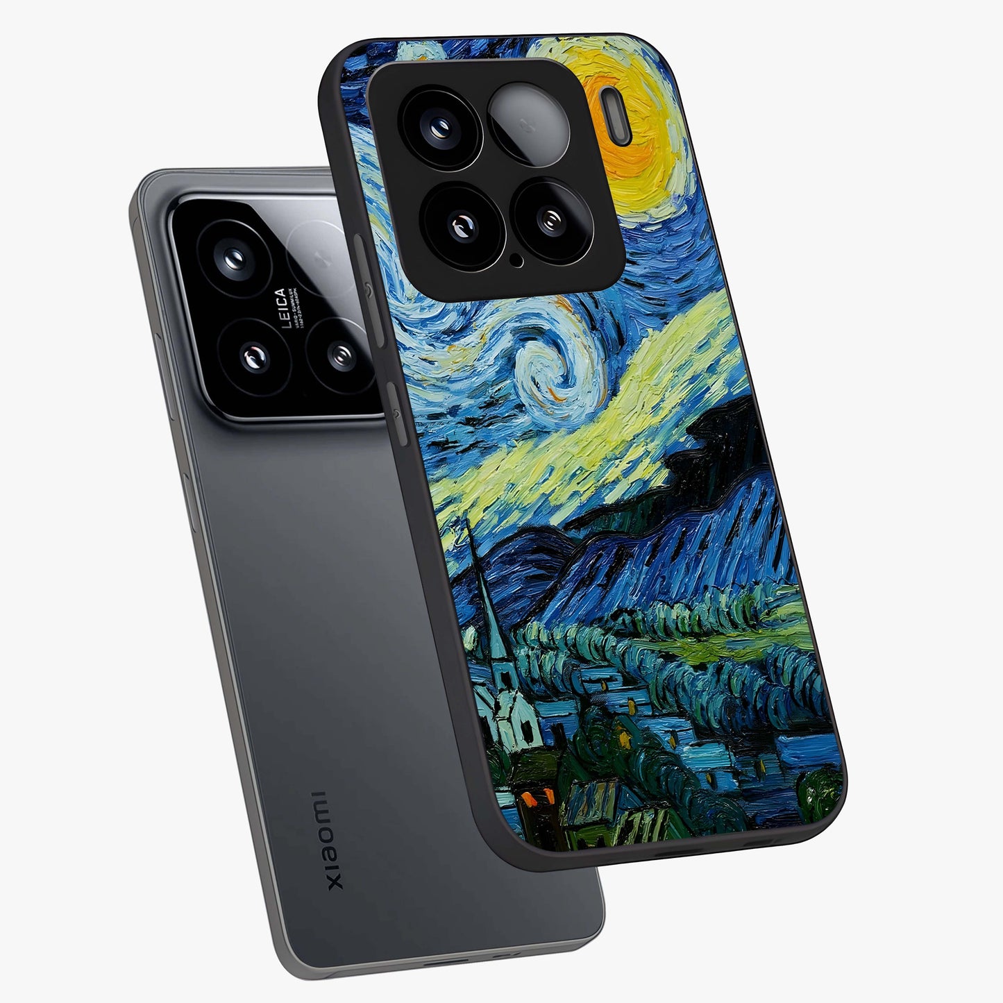 Van Gogh Art Glass Case displayed in angled mockup highlighting swirling brushstroke design with artistic aesthetic.