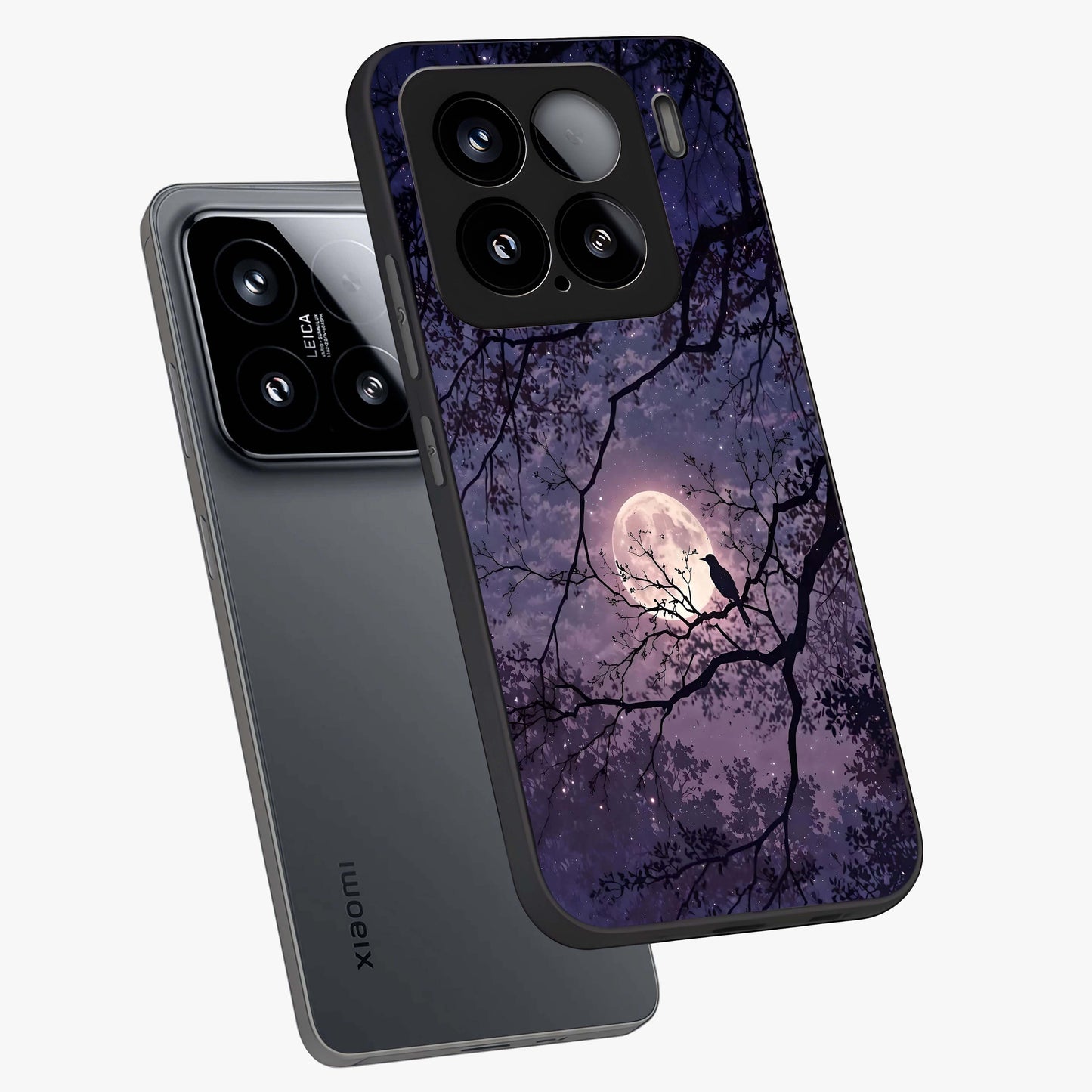 Whispering Moon Silence Glass Case displayed in angled mockup highlighting calm lunar design with dreamy night aesthetic.